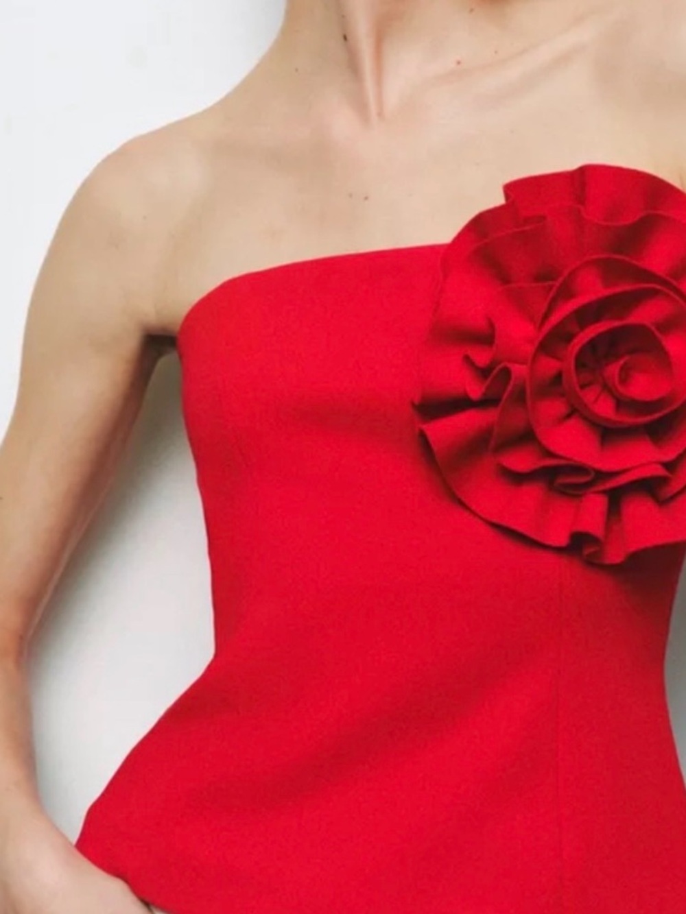 Zara Strapless Bright Red Dress with Floral Applique